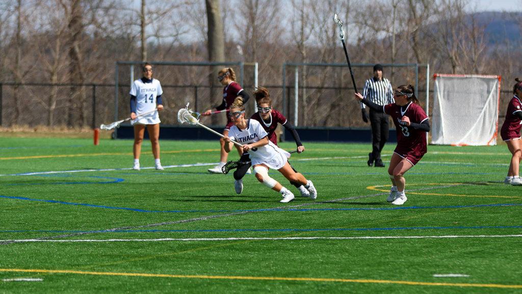 The Ithaca College womens lacrosse team took down Union College 18–7 April 2 at Higgins Stadium to improve to 4–1 in conference play.