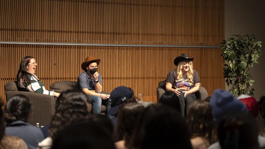 From left, sophomore Annalese Winegard, junior Benjamin Berkowitz and TikTok personality Brittany Broski hold a Q&A session April 19 in Emerson Suites.
