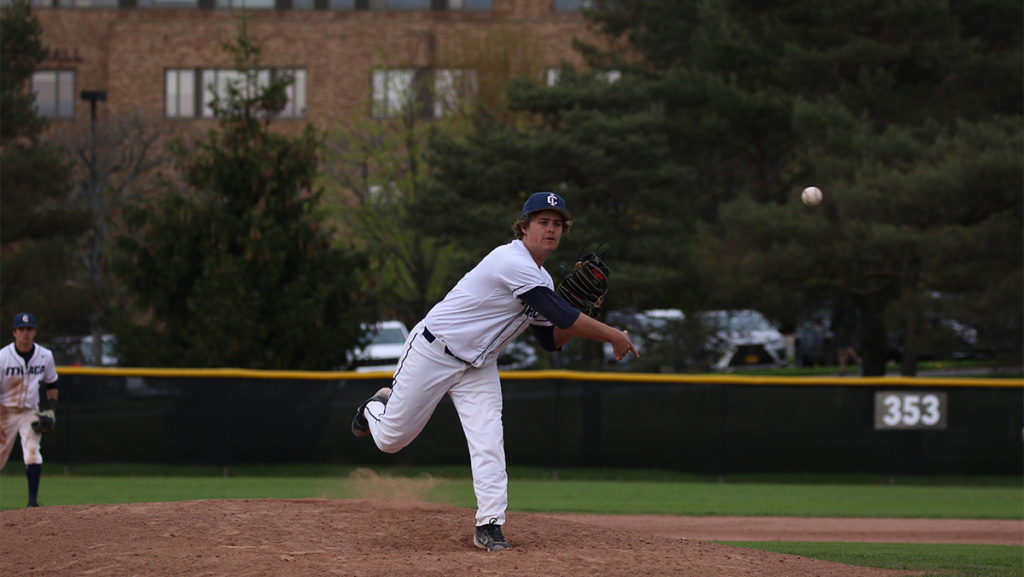 Sophomore pitcher Nate Scott threw a complete game for the Bombers in game two of the Liberty League Crossover Series, helping the college to a 7–3 win.