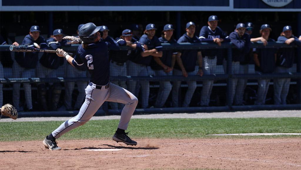From left, freshman infielder Connor Pedersen gets a hit in the Ithaca College baseball teams May 7 win over Union College in the Liberty League Crossover series. The Bombers lost to Catholic University twice May 28 to lose in the NCAA Super Regional.