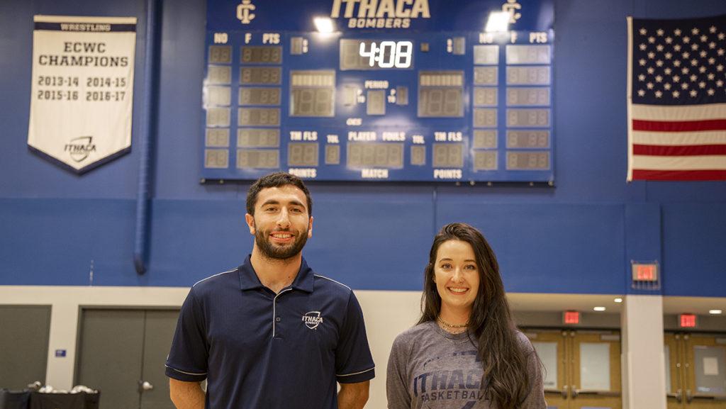 From left, Matthew Smith and Mary Mazzella, the new assistant coaches for the Ithaca College men’s and women’s basketball teams, are getting ready for the season.