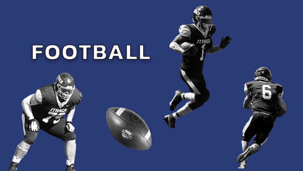 From left, graduate student defensive back Antwan Robinson, graduate student offensive lineman Jake Villanueva and senior quarterback A.J. Wingfield, captains on the Ithaca College football team. The Bombers are gearing up for the first season under a new head coach.