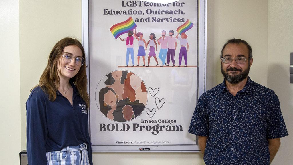 From left, Grace Dosdall, IC Pride fellow, and Luca Maurer, director of the Center for LGBT Education, Outreach and Services, work to support LGBTQ+ students on campus.