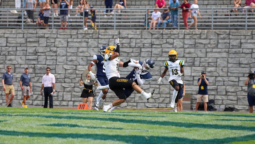 Senior wide receiver Michael Anderson caught a touchdown pass in the third quarter to make it 24–0 during the Ithaca College football teams win over SUNY Brockport on Sept. 10. The win improves the Bombers record to 2–0.