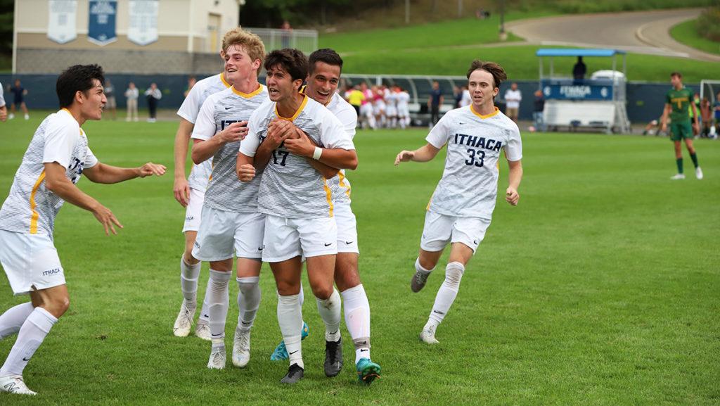 From left, graduate student midfielder Alex Leahy, senior midfielder Jack McCarthy, senior defenders Alex Cabeca and Brendan Lebitsch and junior midfielder Reefe Harrison celebrate after Cabecas game-winning goal in the 70th minute.