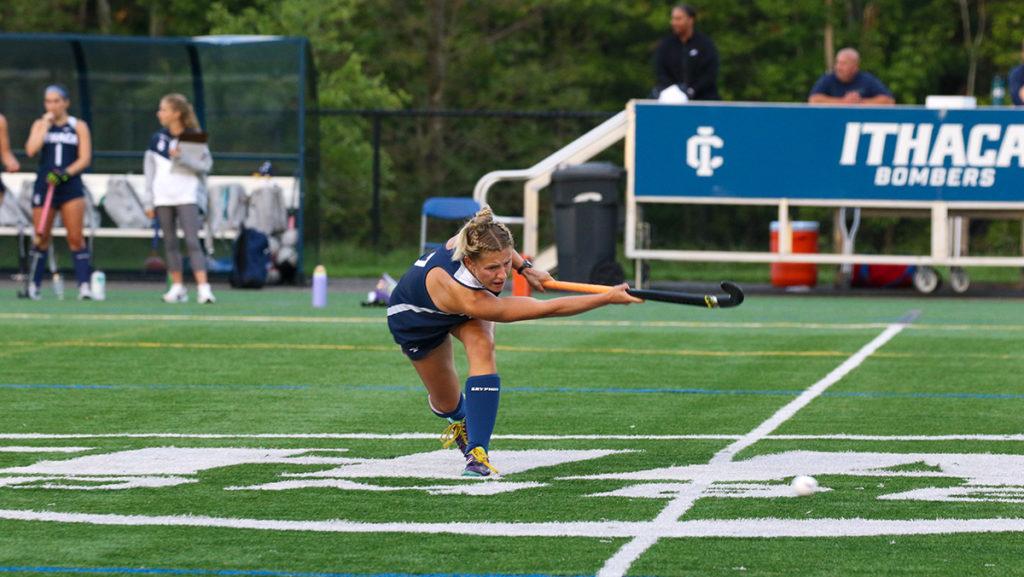 Senior striker Morgan Mullen shoots during the Ithaca College field hockey teams game against Misericordia on Sept. 7.