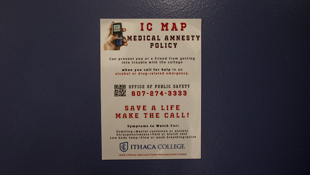 The Medical Amnesty Policy was created in Fall 2010 and the policy is advertised through magnets posted on the doors of residence hall rooms, floor meetings between students and their Resident Assistant (RA) and student orientation.
