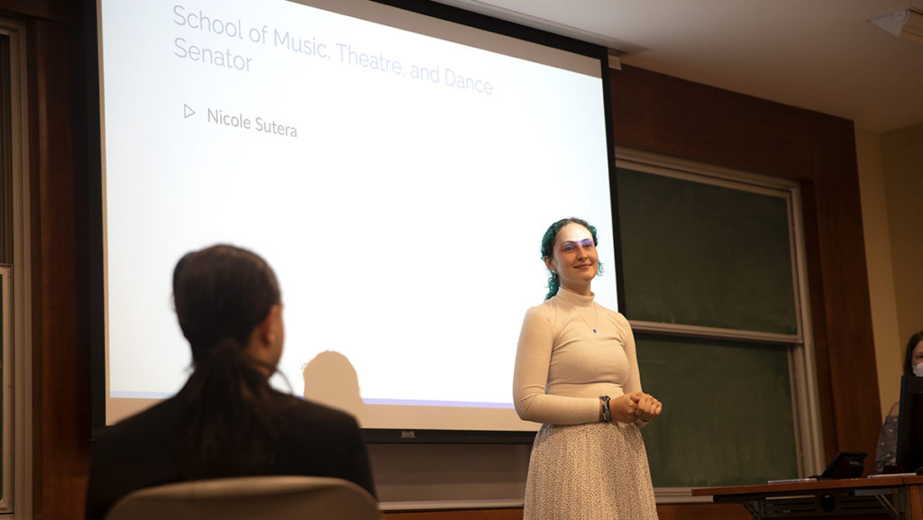 First-year student Nicole Sutera is running for the School of Music, Theatre, and Dance senator on the platform of building community and collaboration after the School of Music and the Department of Theatre Arts merged to create the School of Music, Theatre, and Dance in July. 