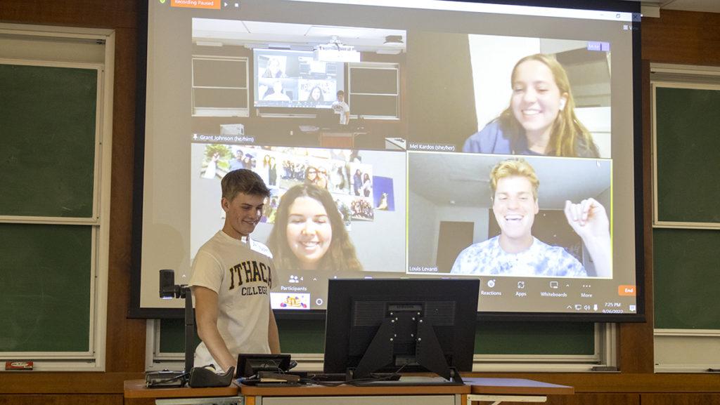 From left, sophomores Grant Johnson, Julia Guest and senior Melanie Kardos talk with (bottom right) Louis Levanti ’19 over Zoom about Levantis recent success on social media. 