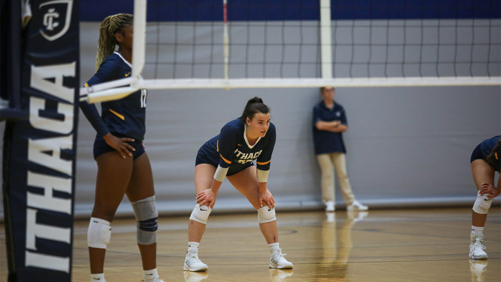 From left, Sophomore Alexa Darko and Faith Sabatier both led the team in kills, with 23 and 5 respectively, in the teams contest against Swarthmore College on Sept. 2