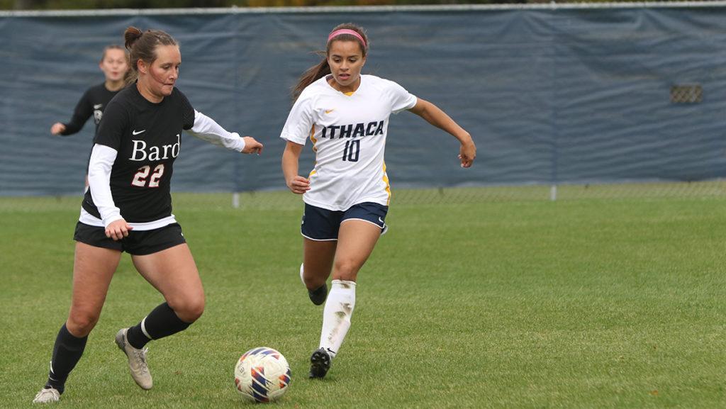 From left, senior midfielder Kylie Quinn of Bard College and first-year student midfielder Kaelyn Fernandez of the Bombers battle for the ball.