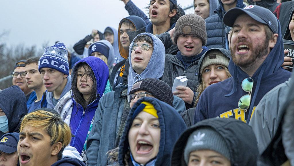 Supporters of Ithaca College sat in the cold and rain for the 2021 Cortaca Jug game, the first one held since the 2019 contest at MetLife Stadium. The Bombers lost to SUNY Cortland 28–27 on Nov. 13.