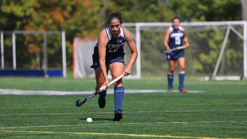 Graduate student Jacqueline Mirabile takes the ball up field into Thoroughbreds territory during the Bombers 5–0 win against Skidmore. Mirabile recorded one goal on three shots during the Oct. 16 contest at Higgins field