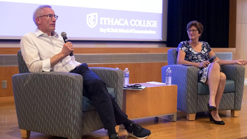 From left, Mark Gross 88, senior vice president of Production and Remote Events at ESPN, and Amy Falkner, dean of the Park School of Communications, during their Q&A with students Oct. 26.