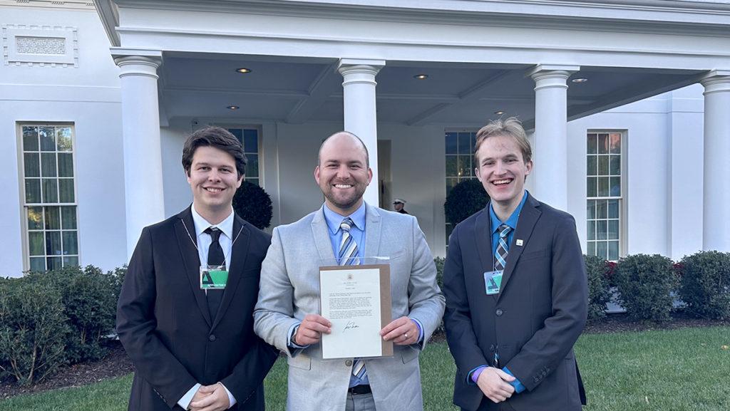 Senior Andy Tell, station manger for VIC; Jeremy Menard, television and radio operations manager; and senior Connor Hibbard, station manager for WICB, attended a College Radio Day event at the White House on Oct. 19. 