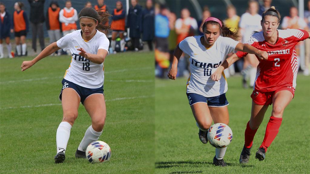 From left, first-year student midfielders Ali Amari and Kaelyn Fernandez of the women’s soccer team and St. Lawrence University Saints sophomore midfielder Alyvia Ronning chase after the ball.