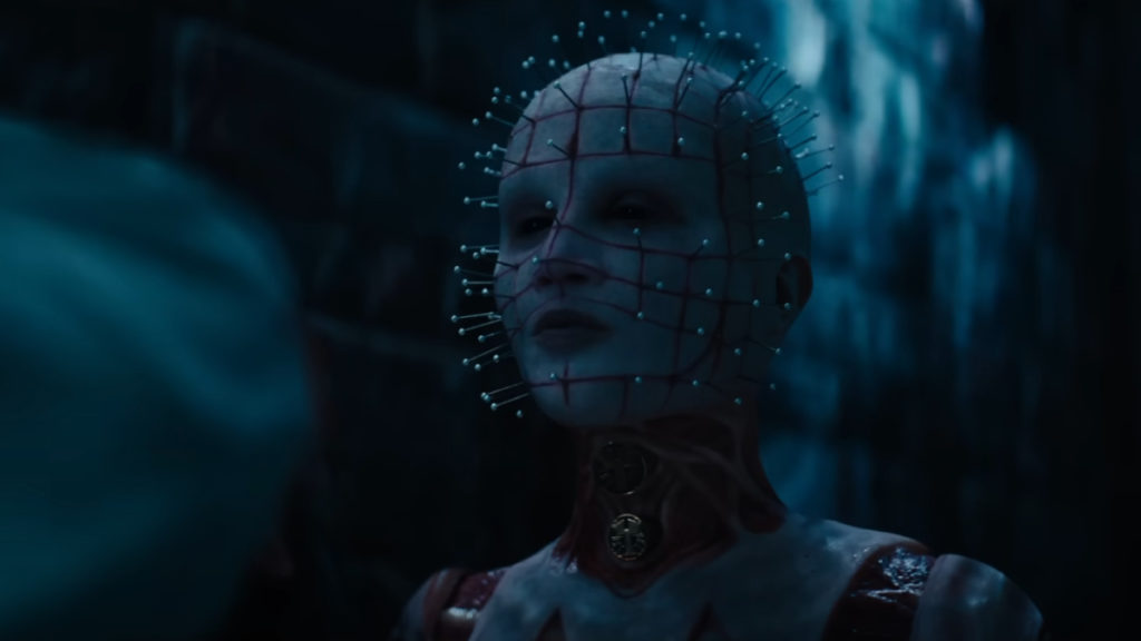 Pinhead (Jamie Clayton) leads the Cenobites, a group of deformed humans, in this 2022 reboot of the classic horror franchise Hellraiser.