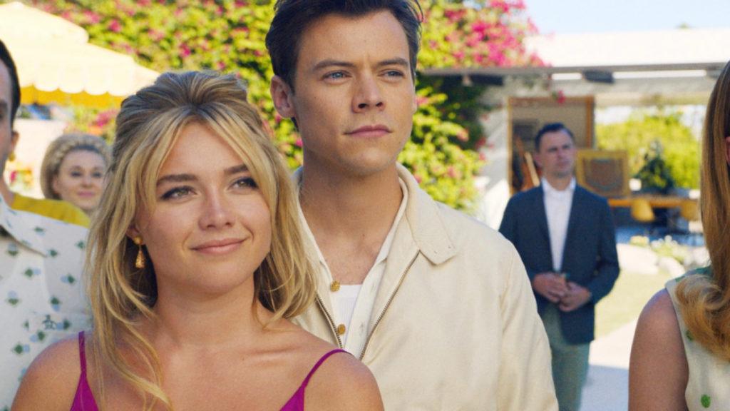 From left, Alice (Florence Pugh) and Jack (Harry Styles) are a happily married couple, until Alice begins to suspect that her picture-perfect life isnt quite as it seems.