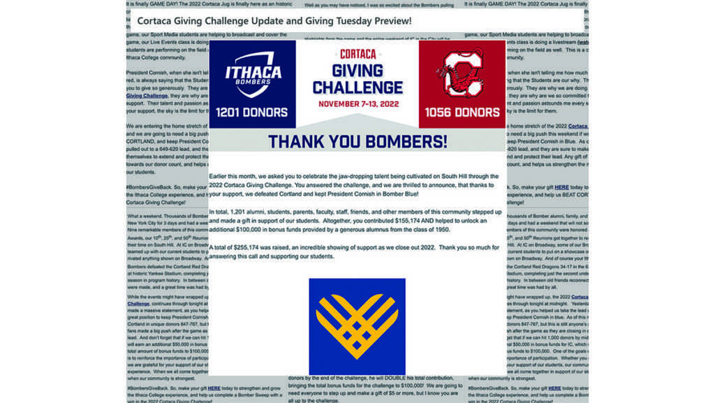 Screenshots pulled from Ithaca College email communications to current students, alumni and other members of the campus community asking for donations in the Cortaca Giving Challenge.
