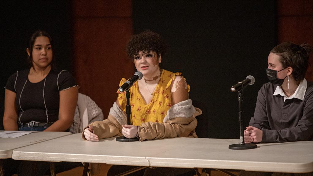 From left, junior Alexa Rahman, first-year student Taya Thompson and senior Shosh Cohen discussed the prejudices they have independently faced in their lives and on campus, each noting the ignorance of others and the importance of educating people about racism. 