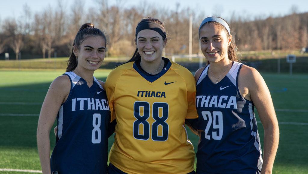 From left, senior midfielder Brianna Lennon, graduate student goalkeeper Macy Brandwein and graduate student midfielder Jacqueline Mirabile, were all selected to represent Ithaca College at the NFHCA senior game.