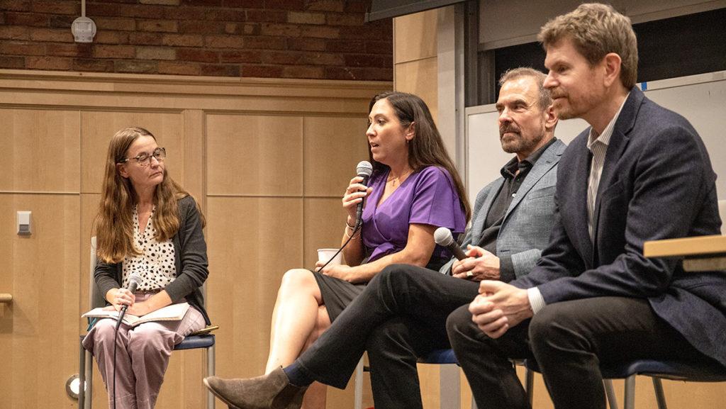 From left, Elizabeth Bergman, associate professor in the Department of Health Promotion and Physical Education; Becky Preve, executive director for the Association on Aging in New York; and Joseph Applebaum and Stu Maddux, the creators of the film.