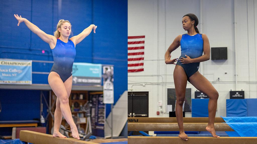From left, seniors Zoe Kyriakopoulos and Nya Pauldon on the Ithaca College gymnastics team said the team is looking forward to the season after a strong performance last year from the first-year student class.
