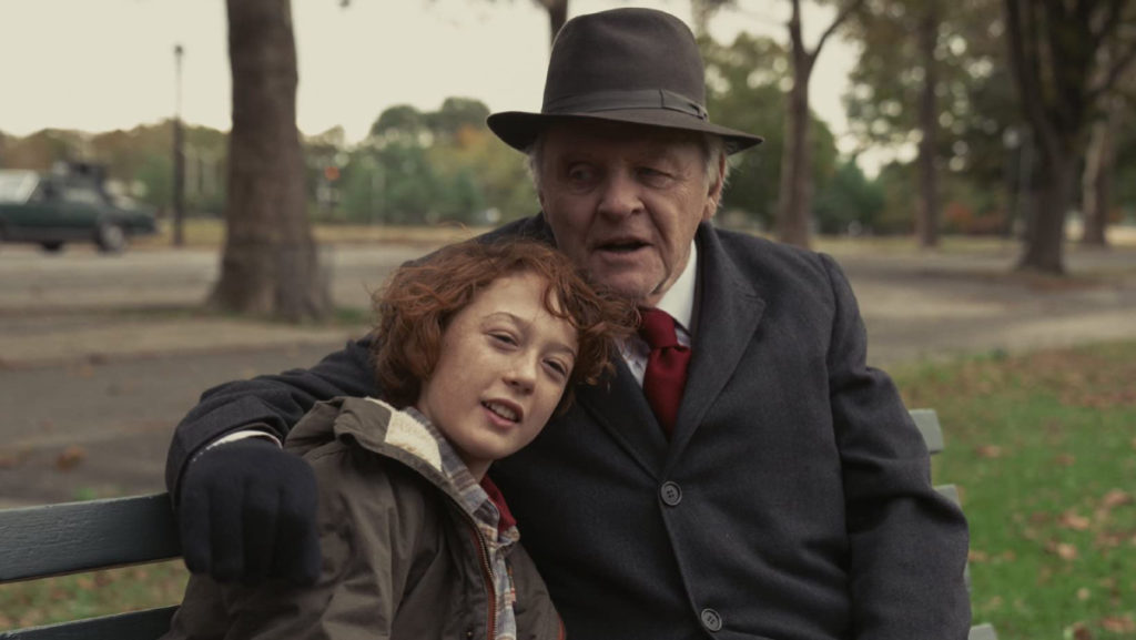 From left, Paul Graff (Banks Repeta) and his grandfather Aaron (Anthony Hopkins) connect in an emotional scene.