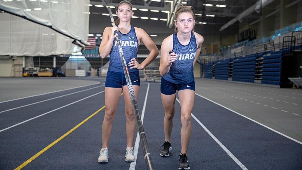 From left, senior pole vaulter Sara Altonen and senior long jumper Sara Brown, members of the Ithaca College women's track and field team. The team is looking for a 15th consecutive conference title.