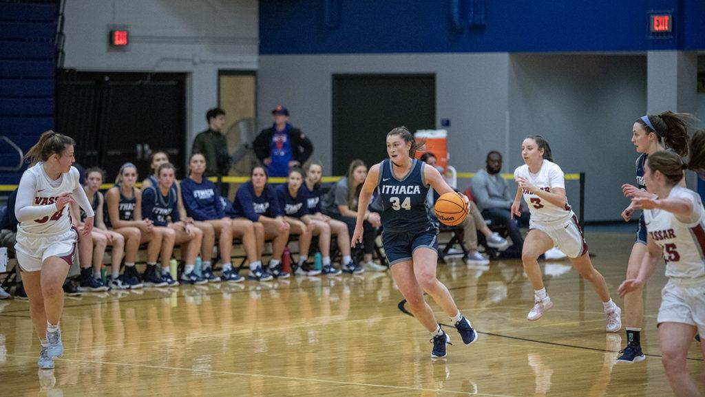 Sophomore forward Annabella Yorio drives down the court in the Bombers 69–31 win over Vassar College on Dec. 2. 