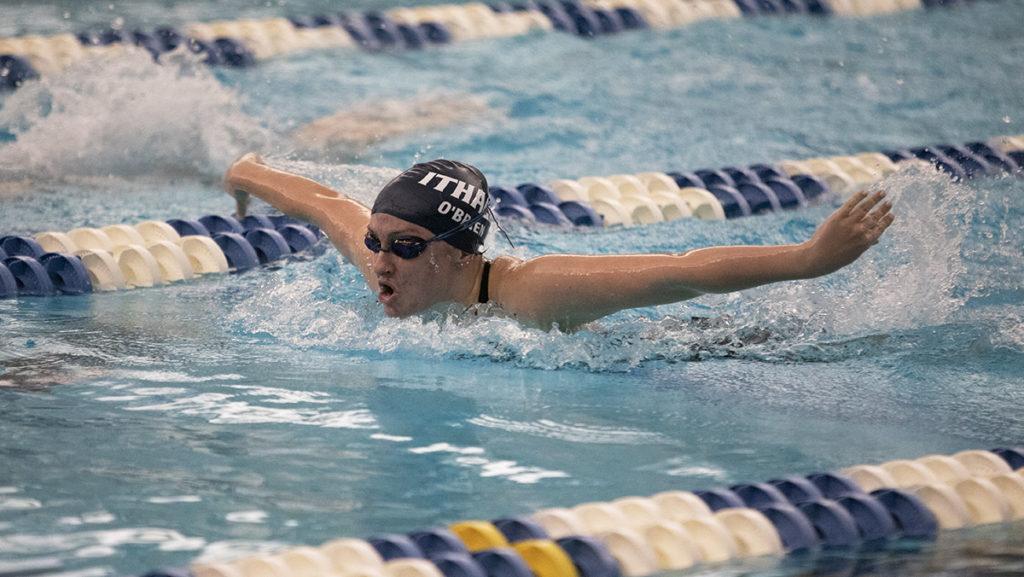 Sophomore swimmer Kerry O’Brien swims the 200-yard butterfly during the Bomber Invitational, which took place Dec. 2–4. The women’s team took first place, while the men finished in second.