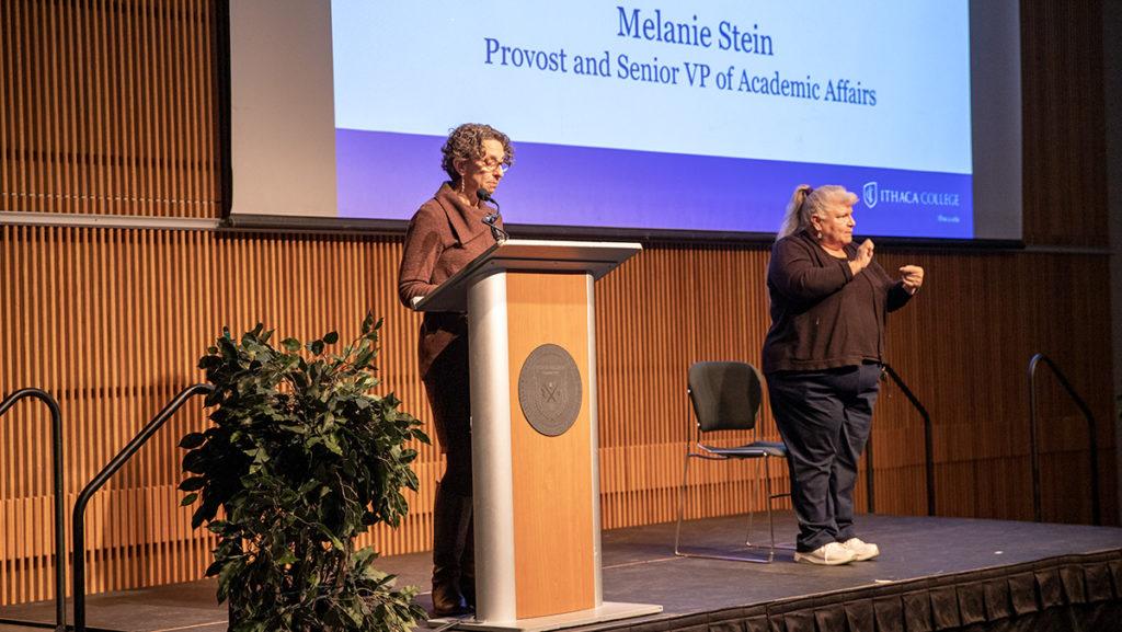 Provost Melanie Stein discussed a retreat in early January attended by members of the Board of Trustees, Faculty Council and Presidents Cabinetin where they talked about major challenges facing the college.