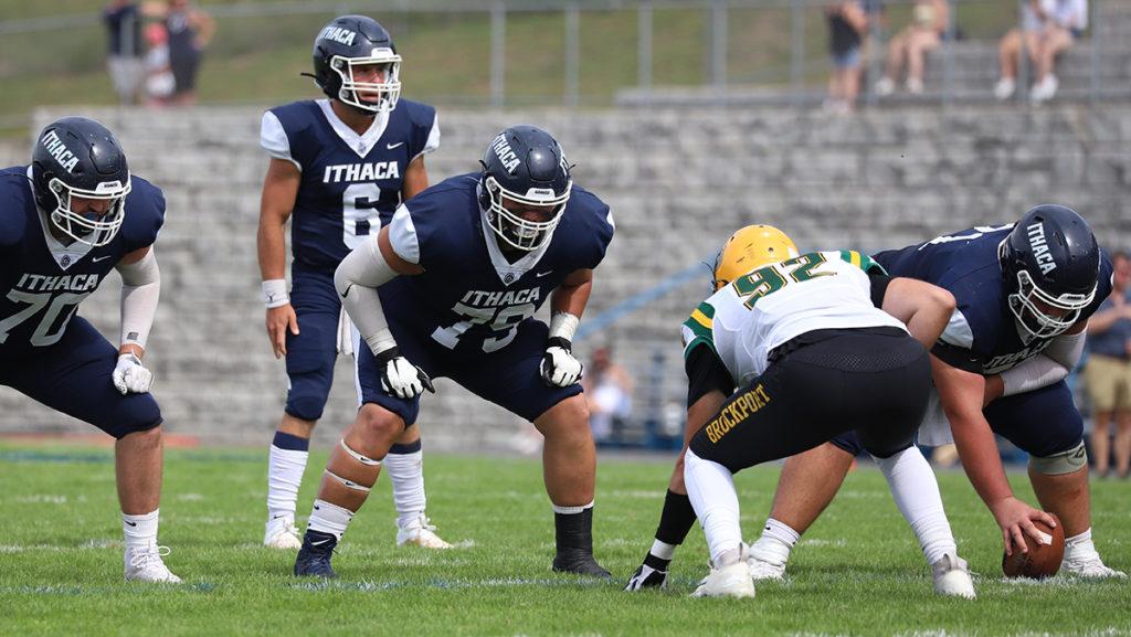 Senior offensive lineman Jake Villanueva, No. 79, prepares for the snap in the Ithaca College football teams victory over SUNY Brockport on Sept. 10.
