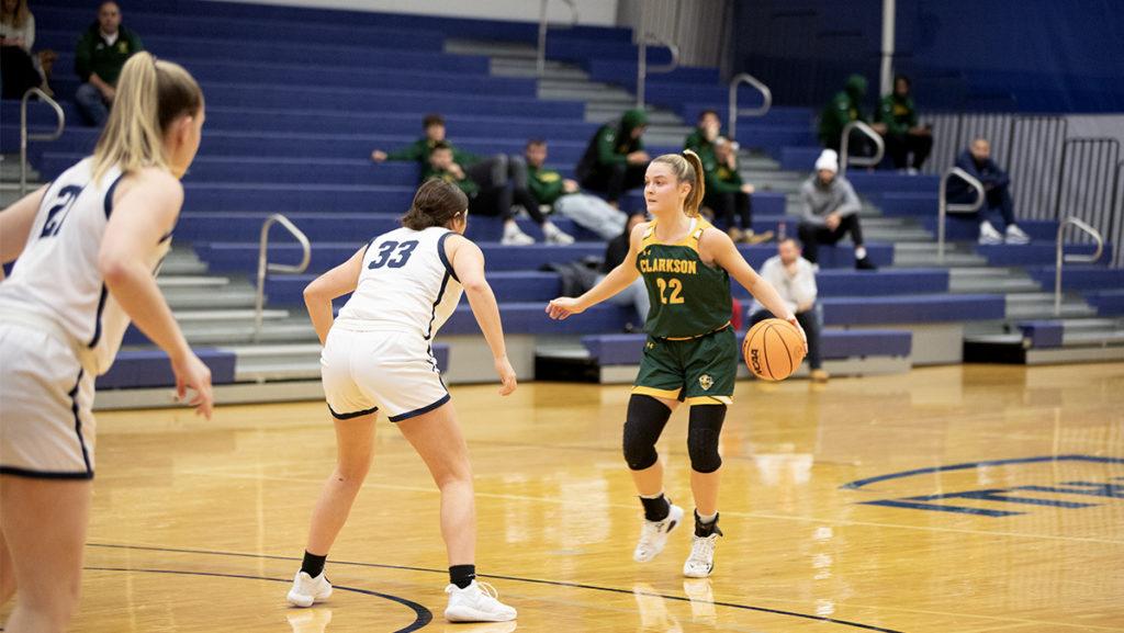 From left, senior forward Emily Dorn and graduate student guard Cara Volpe of the Bombers defend against Clarkson University sophomore guard Veronica Tache on Jan. 14 in the Ben Light Gymnasium.