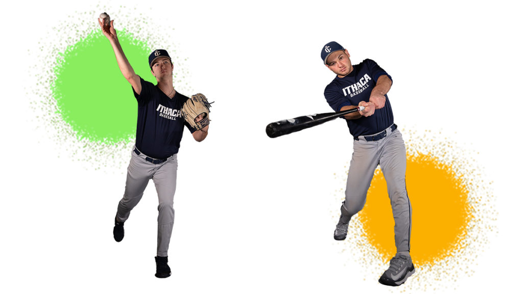 From left, sophomore Colin Leyner and senior Matt Fabian helped the Ithaca College baseball team to within one win of the Division III College World Series in 2022. This year, they hope to be back.