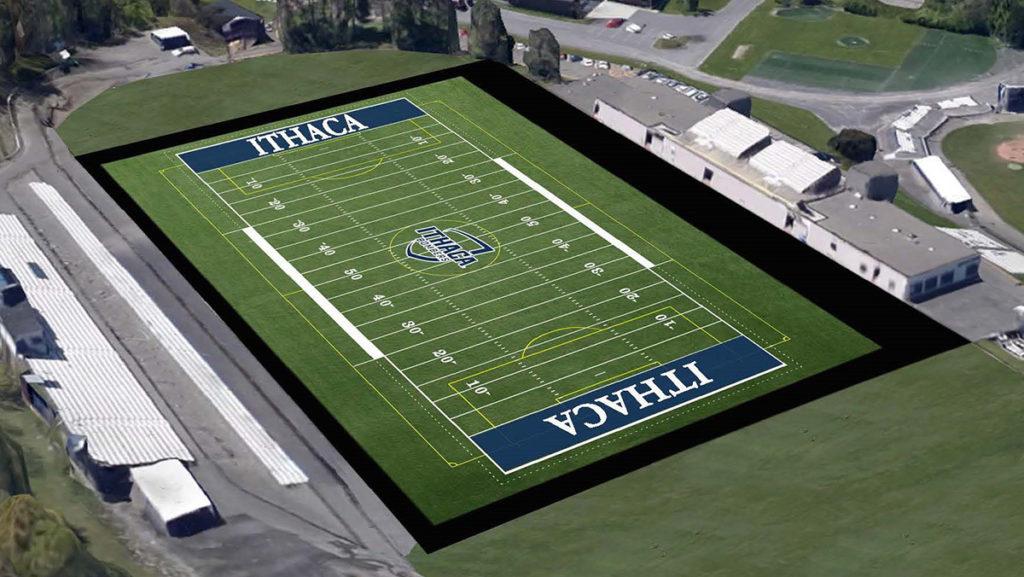 Ithaca College Athletics released this mockup of Bertino Field at Butterfield Stadium after it receives its new artificial turf surface. The field, which has historically only been used by the football program, will also be usable by other varsity sports as well as intramurals and club sports, but will no longer include an outdoor track around it.