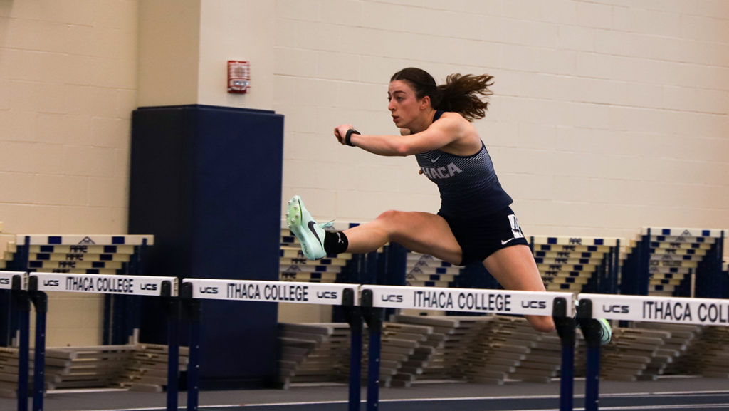 Graduate student pentathlete Logan Bruce competes in the 60-meter hurdles Jan. 21. At the Ithaca Invitational on Feb. 4 and 5, Bruce broke an 11-year-old program record in the pentathlon.