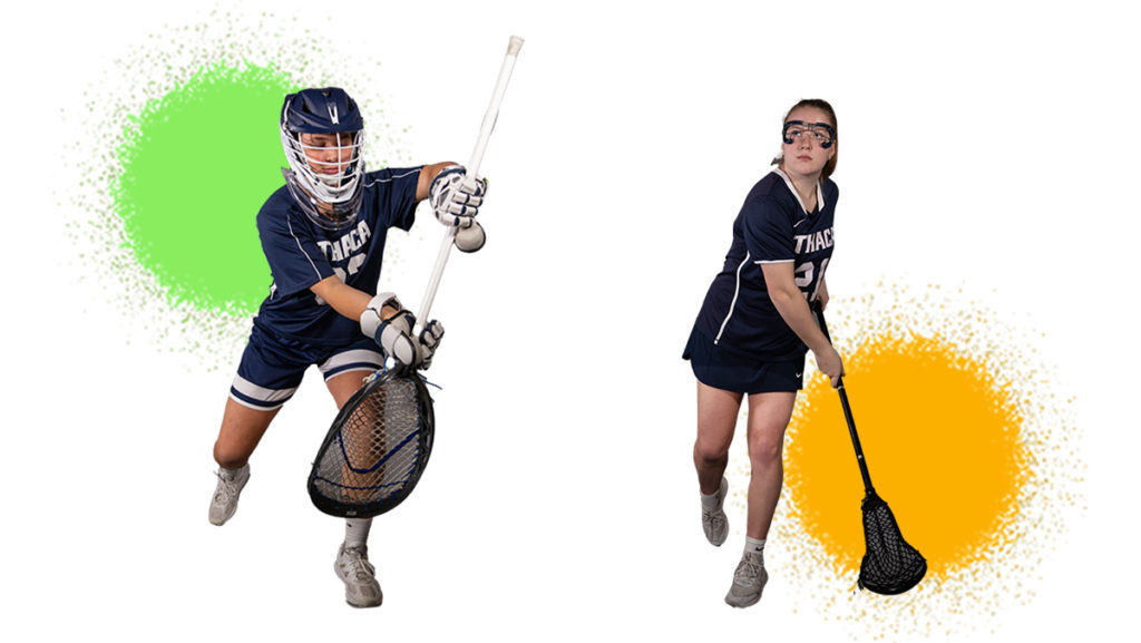From left, senior goalkeeper Kayla Howley and junior midfielder Sydney Phillips of the Ithaca College womens lacrosse team aim to continue climbing the national ranks.