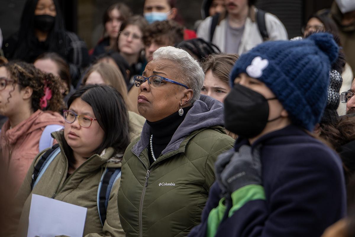 Ithaca College President La Jerne Cornish joins the crowd during the walk-out hosted by IC Rise Up on March 8 by the Freedom Rock on the academic quad. Kevin Yu/The Ithacan