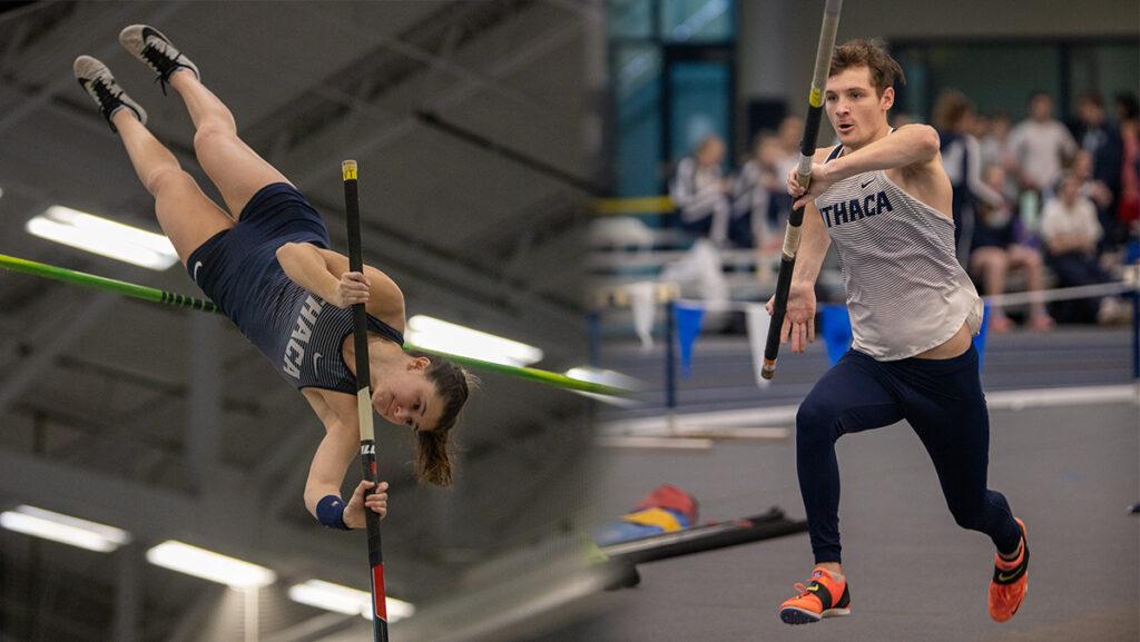 From left, graduate student pole vaulter Meghan Matheny and senior pole vaulter Dom Mikula both finished in second place at the NCAA Division III Indoor Championships on March 10 and 11 in Birmingham, Alabama.