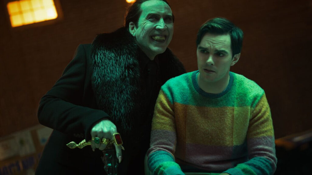 Dracula (Nicolas Cage) serves as a toxic boss to Renfield (Nicholas Hoult) in the new horror comedy Renfield.
