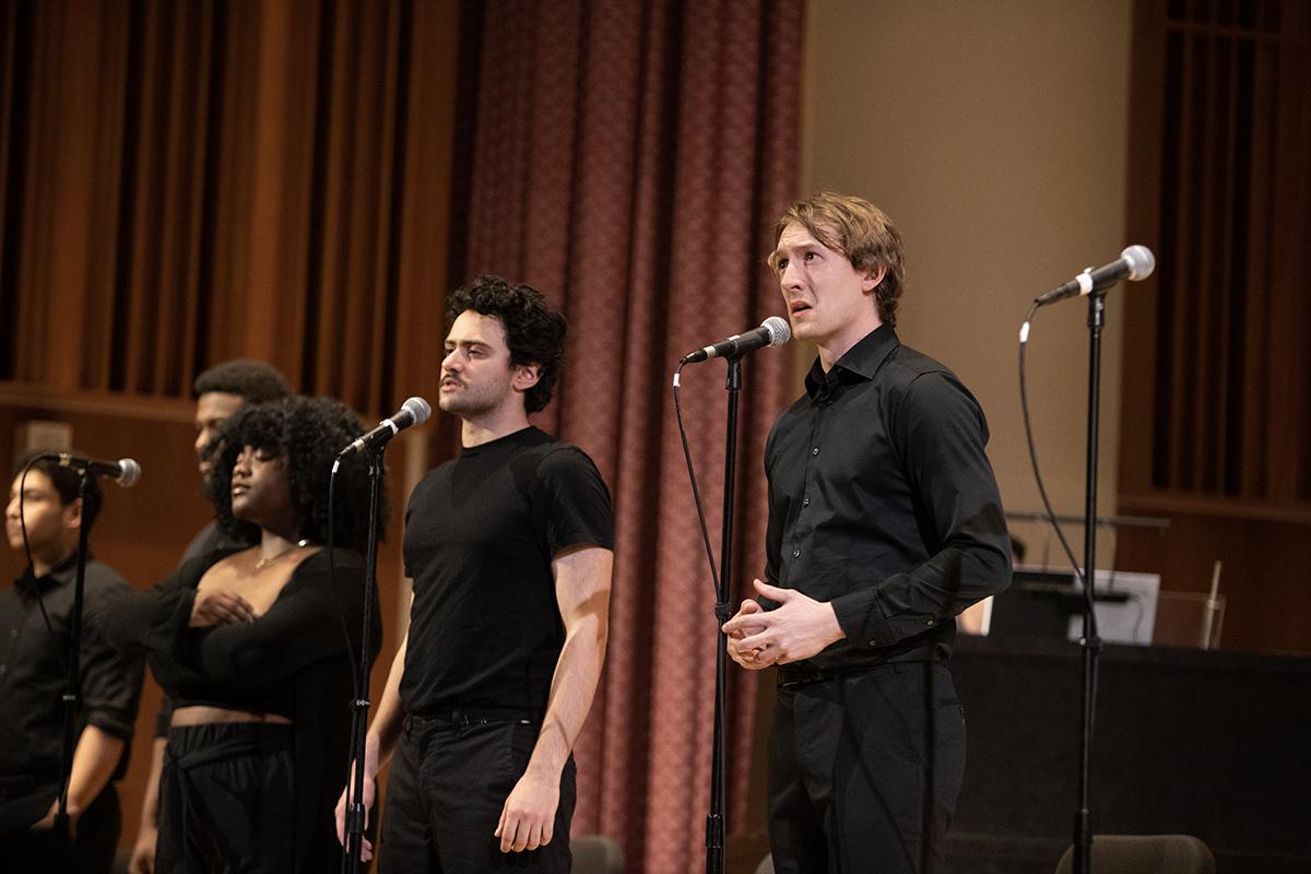 From left, sophomore Shina Mitchell, first-year student Alex Ross and Mayson Sonntag ’22 perform a song from “The Hunchback of Notre Dame” on April 22 in Ford Hall. ANA GAVILANES/THE ITHACAN