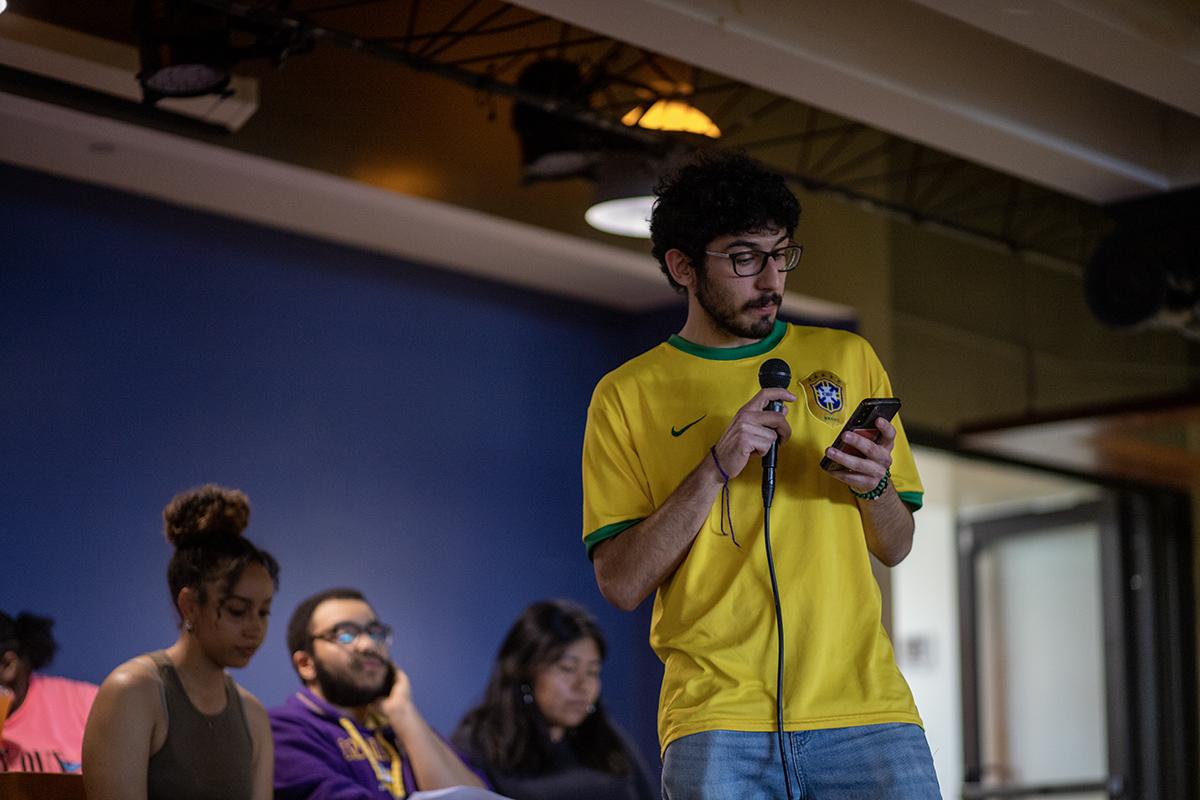 Senior Thomas Attie welcomed everyone to the demands listening assembly, and spoke about IC Rise Up's eighth demand, more investigation into bias reports and issues of racism on campus. NOLAN SAUNDERS/THE ITHACAN