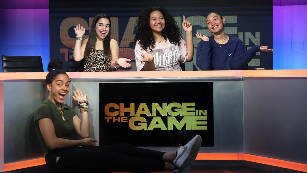 From left, sophomore producers Carolina Cedraschi and Lindsey Peters, junior host Summar Lowe and sophomore producer Dylan Delaney pose on the ICTV set.