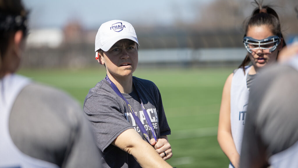Karrie Moore, head coach of the Ithaca College women’s lacrosse team, reached the 100-win milestone April 7 against Bard College. Moore is the second coach in program history to tally 100 career wins.
