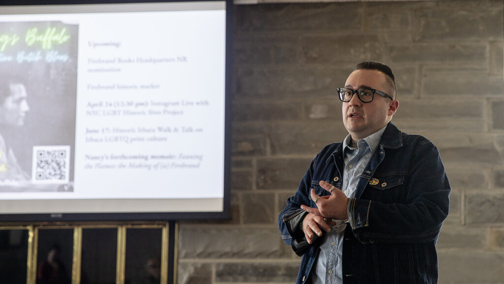 Jeff Iovannone, a public historian specializing in LGBTQ+ heritage conservation in Buffalo, New York, said he wanted to share the digital mapping of “Stone Butch Blues” with the Ithaca College community because the Ithaca LGBTQ History Walking Tour inspired some of his work.