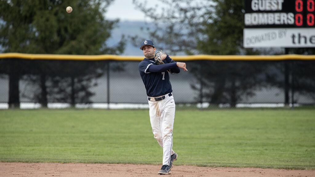 Sophomore infielder Riley Brawdy fields a ball during the Ithaca College baseball teams 8–5 comeback win over the SUNY Brockport Golden Eagles on May 2. 