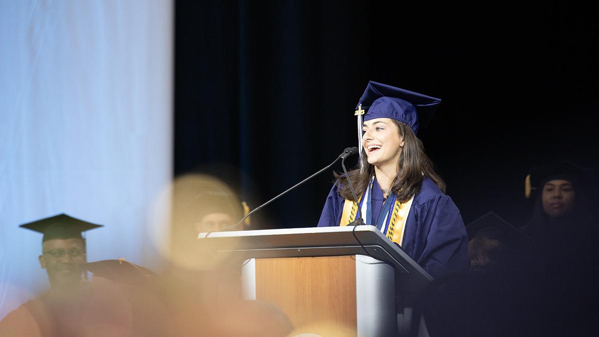 Senior class speaker Francesca Infante-Meehan spoke about how Ithaca College students are  well-rounded in several different fields of expertise. NOLAN SAUNDERS/THE ITHACAN