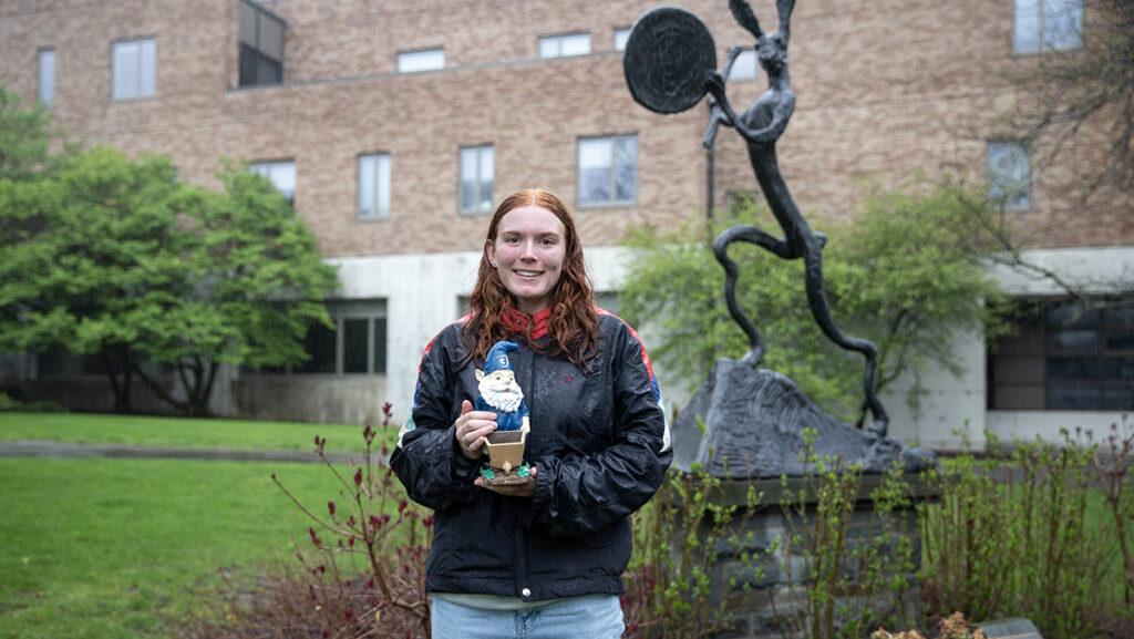 Sophomore Lily Babcock stumbled upon her gnome at the bunny statue between Smiddy Hall and Dillingham Center while walking around with her sister on campus grounds.