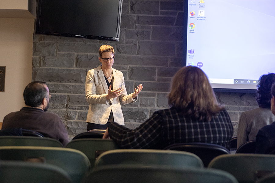 Kishan Zuber, former finalist for vice president for enrollment and student success, speaks to faculty during an open session March 27. The search is set to be relaunched during Fall 2023.